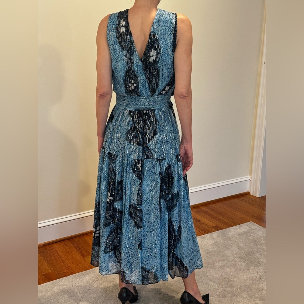 Ulla Johnson Silk Cocktail Dress Blue & Metallic Sleeveless V-Neck Conc Zip Sz 4 - Picture 8 of 12